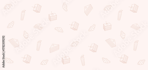 Seamless bakery pastry pattern background with croissants, cakes and sweets illustration