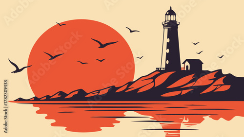 Vector illustration of a majestic lighthouse standing tall on a rugged cliff overlooking the tranquil ocean at sunset, with birds soaring gracefully and a vibrant reflection on the calm water surface