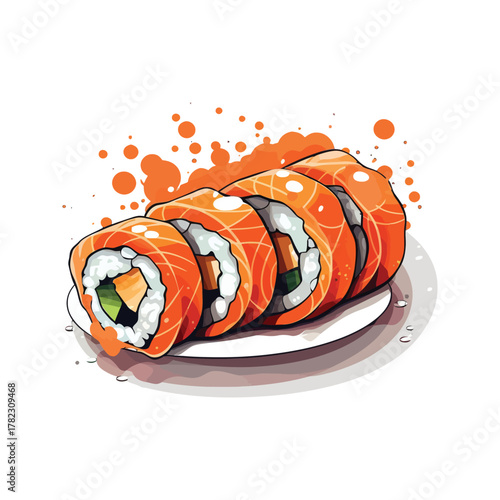 Watercolor Illustration of Salmon Sushi Rolls.