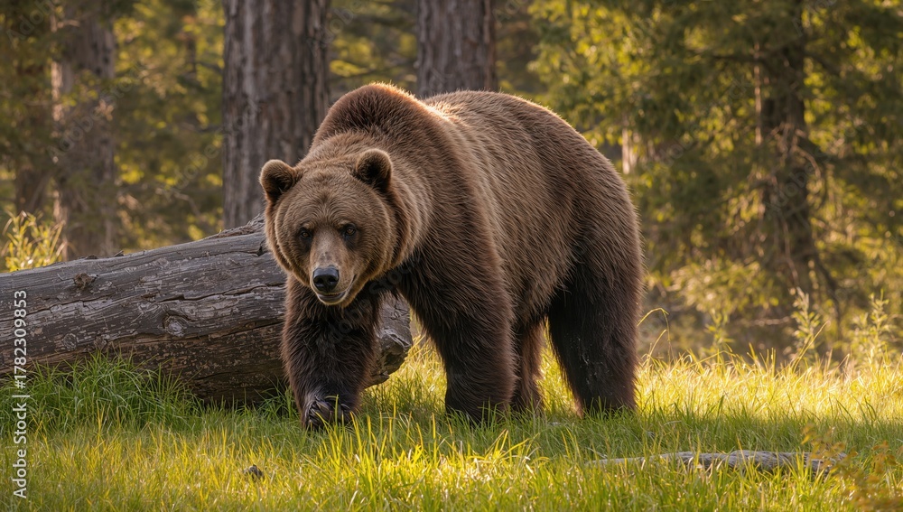 Fototapeta premium A large grizzly bear strolling alongside a log, surrounded by trees, showcasing wildlife in its natural habitat