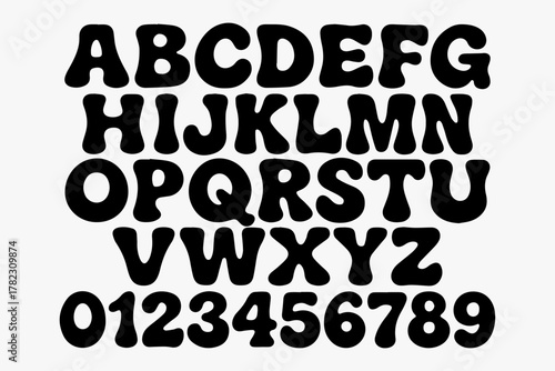 Bold and groovy retro alphabet with rounded uppercase letters and numbers, perfect for vintage-themed designs and nostalgic typographic projects