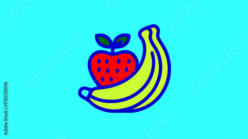 Cartoon strawberry and banana illustration, in vibrant pop-art colors, representing healthy eating and fruit salad