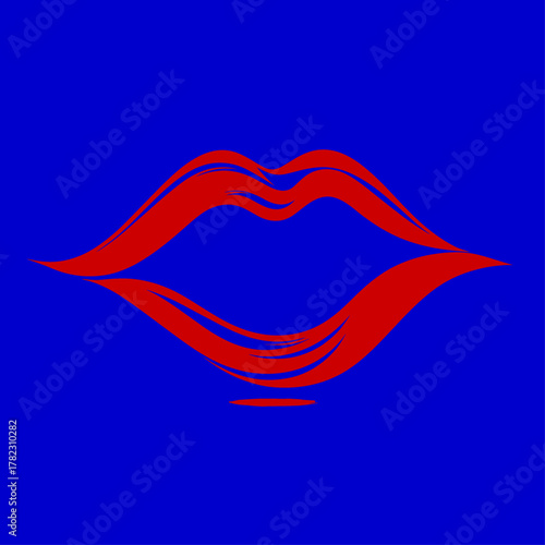 Stylized red lips illustration, in bold primary colors, representing a kiss or sensuality, on a blue background