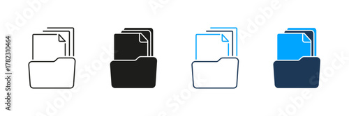 Folder With Documents Line And Solid Icon Set. File Organization, Document Management, And Data Storage Symbol Collection. Office And Digital Filing System. Isolated Vector Illustration