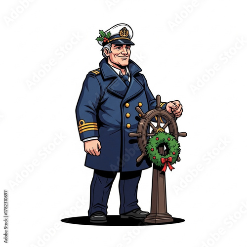 Christmas Ship Captain with Holiday Wreath – Festive Nautical Sailor Cartoon Illustration