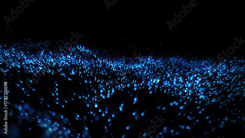 Abstract wavy lines of blue glowing particles on a dark background, futuristic dynamic sense of digital data flow or energy. The visual effect, suitable for technology, science, network concepts.