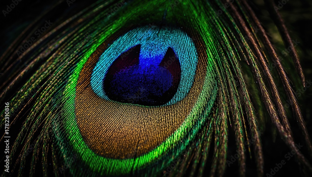 Obraz premium Detailed view of a Peacock feather, showcasing vibrant colors and intricate patterns, suitable for editorial design