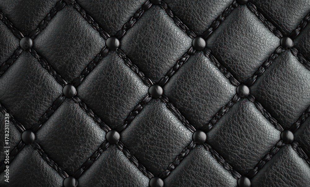 Obraz premium Close-up of black quilted leather upholstery with textured surface and stitched button details