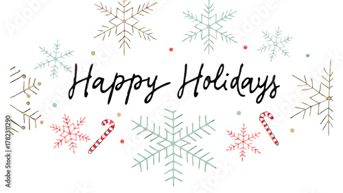 Festive happy holidays greeting with watercolor snowflakes and candy canes on a white background