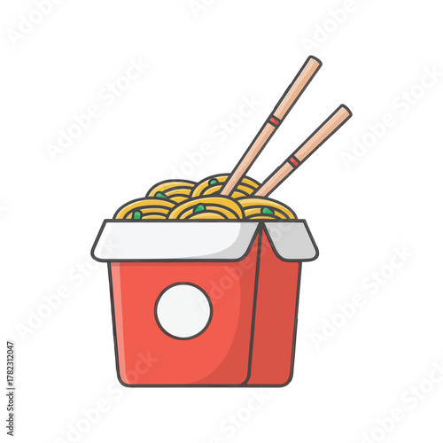 Noodles in a red takeout box with chopsticks.