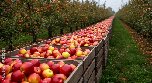 Abundant harvest of ripe apples in wooden crates at orchard.