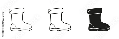 Winter Boot In Line, Outline, And Glyph Icon Set. Footwear, Warmth, And Outdoor Protection Symbol Collection. Ideal For Fashion, Retail, And Seasonal Design Projects. Isolated Vector Illustration