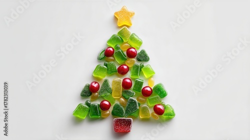 Christmas Tree Made Of Colorful Candies On White Background. Playful Holiday Design With Red, Green Sweets And Yellow Star For Celebrations And Kids Themes