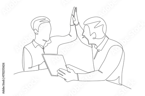 Businessman high five concept one-line drawing