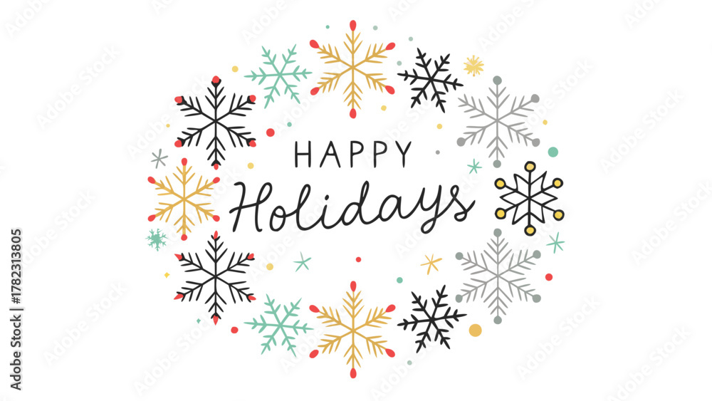 Obraz premium Happy holidays greeting card with a festive circle of colorful snowflakes and dots on a white background