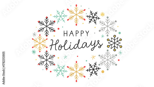 Happy holidays greeting card with a festive circle of colorful snowflakes and dots on a white background