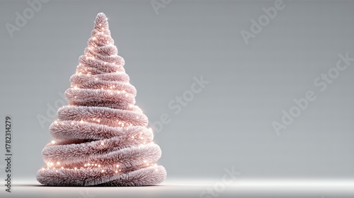 Spiral Wrapped Pink Christmas Tree With Lights On Minimal Grey Background. Elegant Unique Winter Decoration, Use For Modern Minimalist Holiday Graphics, Ads, Posters