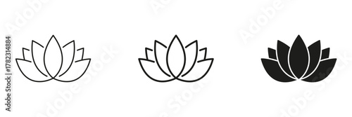 Lotus Flower In Line, Outline, And Glyph Icon Set. Serenity, Purity, And Spiritual Growth Symbol Collection. Ideal For Wellness, Meditation, And Holistic Practices. Isolated Vector Illustration