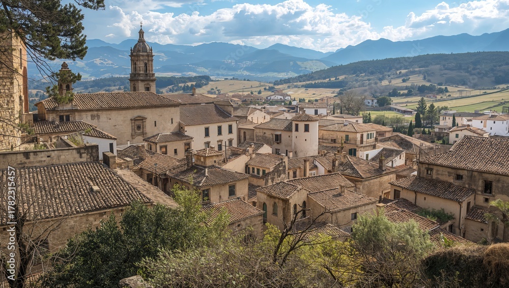 Obraz premium Charming rustic village featuring historic architecture and scenic travel spots