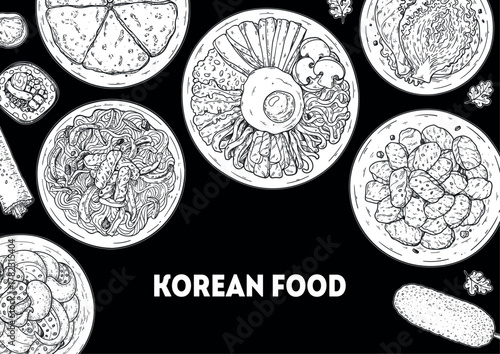 Korean food frame. Hand drawn top view Korean food dishes vector sketch illustration. Nakji bokkeum, kimbap, japchae, pajeon, bibimbap, bulgogi, kimchi, corn dog.