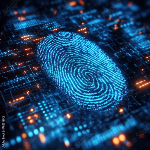 Glowing blue digital fingerprint displayed on a circuit board with bright orange data points symbolizing cybersecurity and technology identity verification