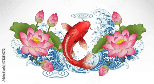 Vibrant watercolor painting featuring a red koi fish surrounded by lotus flowers and waves