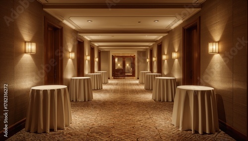 Fading depth view of a softly lit hall featuring round tables draped in white cloth, a sequence of doorways, and decorative lighting fixtures. Plush carpet underfoot