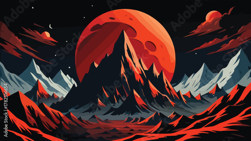 Majestic jagged mountains bathed in the eerie red light of a massive planet, an epic science fiction landscape illustration