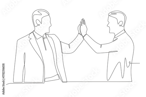 Businessman high five concept one-line drawing