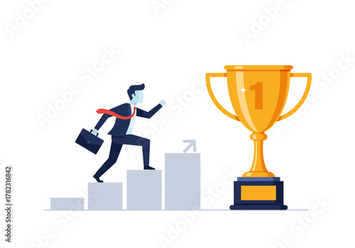 Business goal achievement with trophy and stairs
