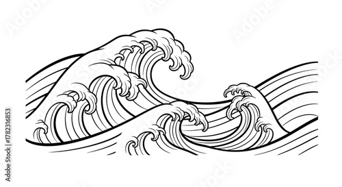 Monochrome seascape illustration featuring stylized waves and dynamic line work creating strong