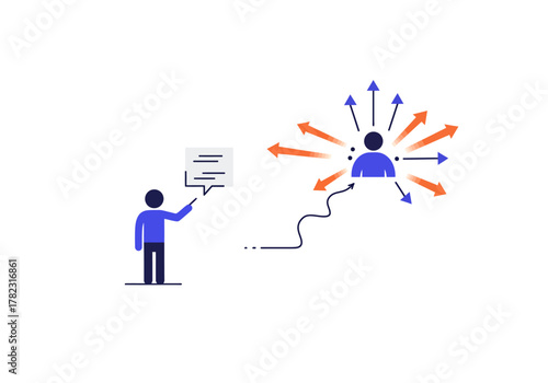 A person points at a speech bubble while another person is surrounded by arrows