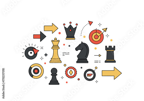 Flat design chess pieces targets arrows and compasses