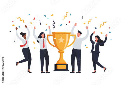 Four people celebrate a golden trophy surrounded by confetti