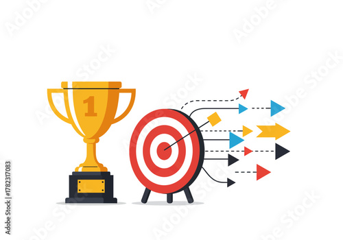 Golden trophy beside a dartboard with colorful arrows and dashed lines