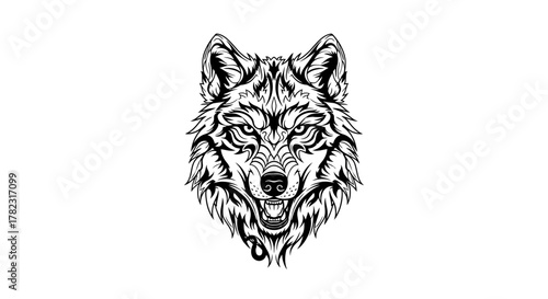 Monochromatic portrayal of a meticulously detailed wolf head with striking tribal patterns