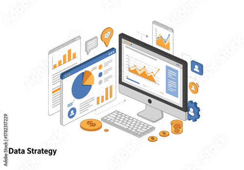 Isometric illustration of computer monitors displaying charts and graphs keyboard coins and icons
