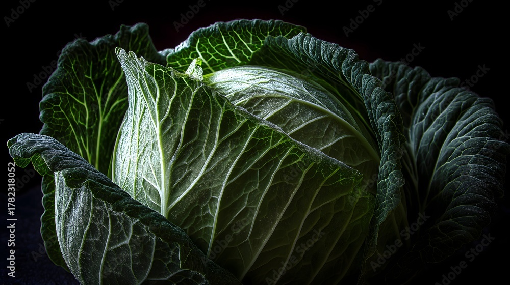 Obraz premium Savoy cabbage macro on black background