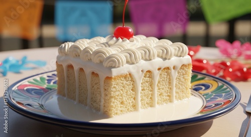 Slice of tres leches cake with whipped cream and a cherry on a traditional mexican plate
