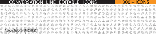 Conversation line editable icon set. Contain icons related conversation, chat, discussion, talking, speaking, and more. with white background
