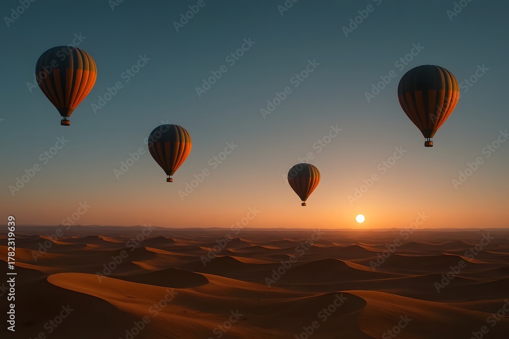 Obraz premium Hot air balloons over desert sunrise for travel and adventure marketing
