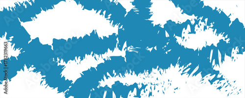 Grainy blue spiral and curly brush stroke with spray texture. Vector grunge texture with brush drawn squiggles, swirl thick line. Grunge blue background with grainy dust smears. Blue background.