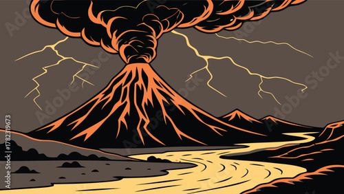 Volcano Eruption with Lightning Over River Landscape Illustration