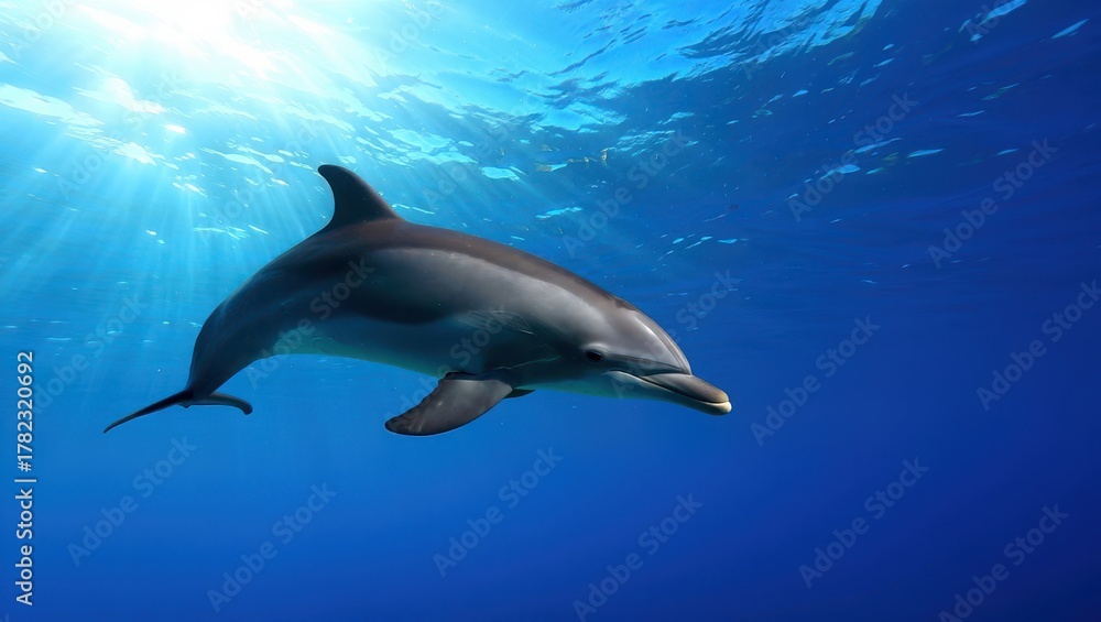 Fototapeta premium Dolphin swimming in clear blue ocean with sun rays shining through water