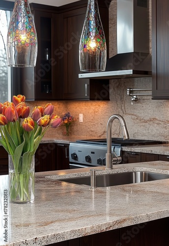 Modern kitchen interior with granite countertops, stainless steel sink and faucet, dark wood cabinets, colorful tulip bouquet in clear vase, and decorative pendant lights