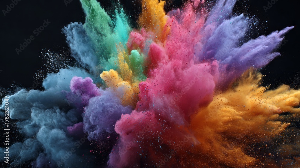 Fototapeta premium Vibrant white powder explosion on black background with multicolored holi dust clouds, capturing dynamic burst of colorful pigment in motion for creative art, festival, and abstract digital design