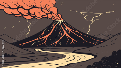Volcano Eruption Illustration with Lightning and Lava Flow