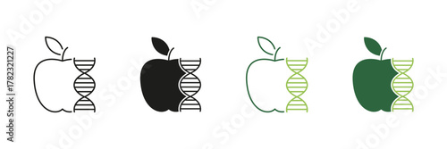 Apple And Dna Strand Line And Solid Icon Set. Genetic Modification, Biotechnology, And Nutritional Science Symbol Collection. Represents Genetic Engineering And Health. Isolated Vector Illustration