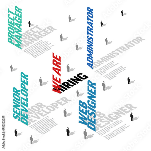We Are Hiring flyer with stylized text for various job roles like Project Manager, Administrator, Senior Developer, and Web Designer. This We Are Hiring concept for recruitment and job openings