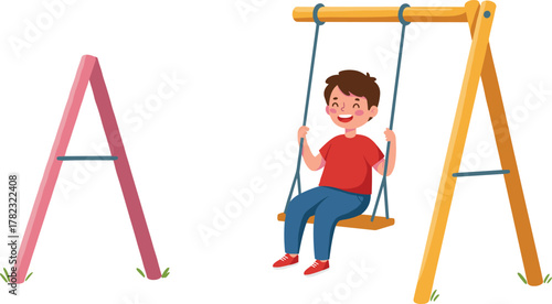 PrintHappy child sitting on playground swing, joyful kid enjoying outdoor activity, cartoon illustration of fun childhood moment, bright colorful design, summer playtime